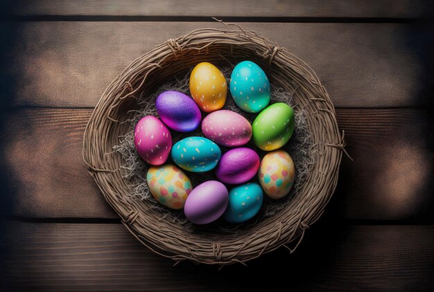 Cesta de coloridos huevos de Pascua sobre fondo de madera IA generativa