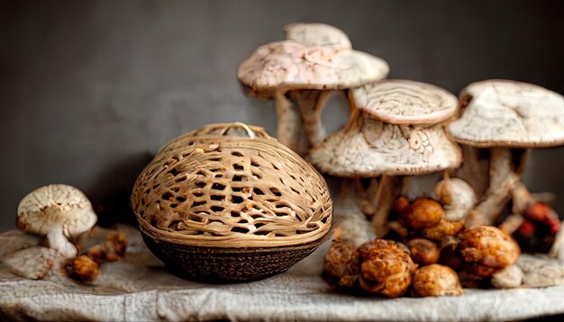 Cesta com comida deliciosa de cogumelos