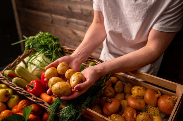 Cesta com frutas e vegetais frescos alimentos saudáveis frutas e vegetais naturais