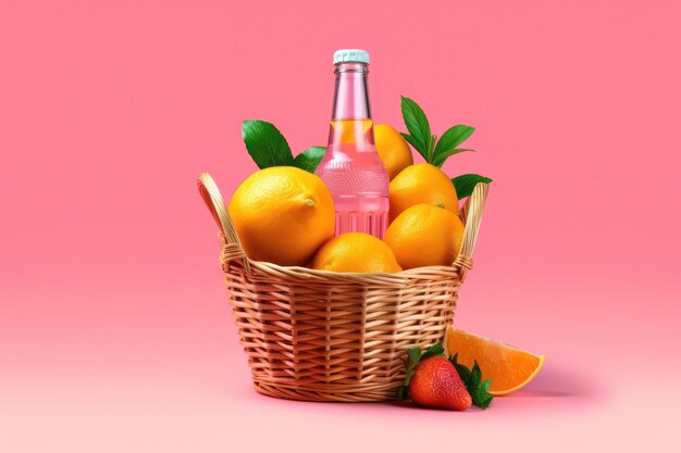 Cesta com garrafas de limonada fresca e frutas cítricas em fundo mínimo AI Generative