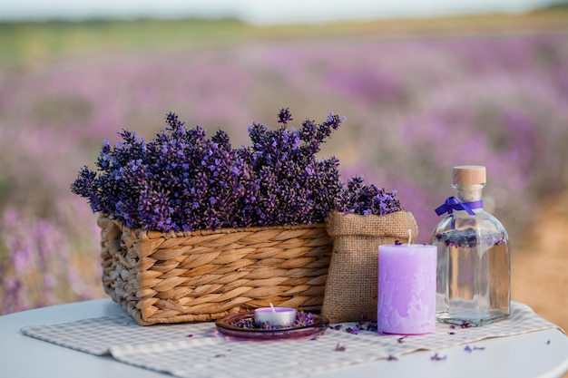 Cesta com linda lavanda no campo em Provance com água de lavanda e velas Temporada de colheita