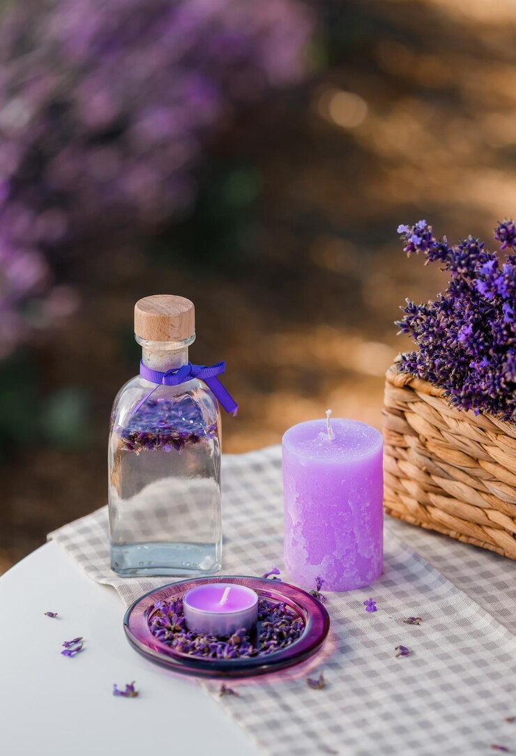 Foto cesta com linda lavanda no campo em provance com água de lavanda e velas temporada de colheita