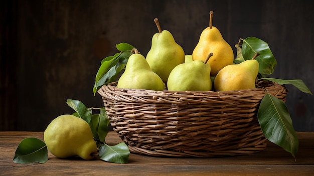 Cesta com peras na mesa de madeira