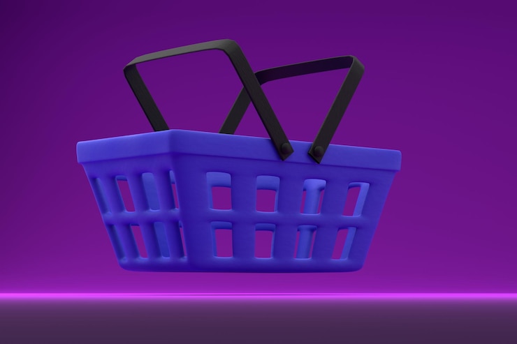 Foto cesta de la compra azul sobre un fondo púrpura concepto de compras 3d render
