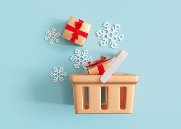 Cesta de la compra con cajas de regalo y copos de nieve sobre fondo azul Comprar regalos Navidad Año Nuevo compras venta ilustración 3D