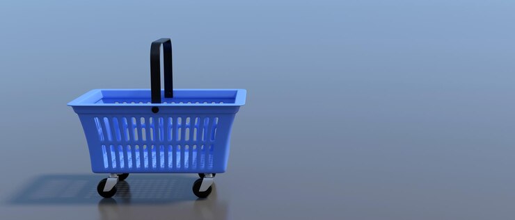 Foto cesta de la compra carro de supermercado color azul con ruedas alimentos comestibles comercio 3d ilustración