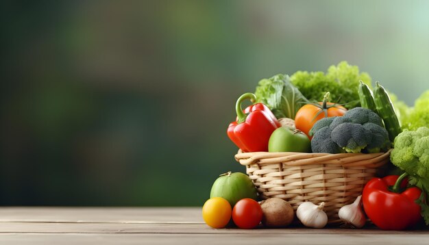 cesta de la compra con muchos tipos de verduras en la mesa Diseño de banner copia espacio fondo