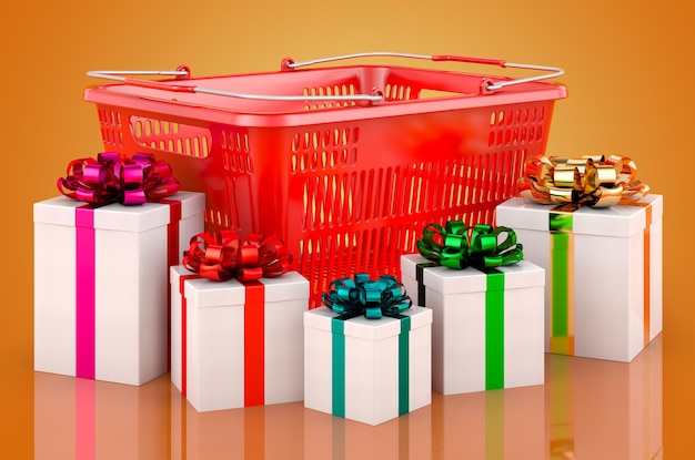 Cesta de la compra con renderizado 3D de regalos