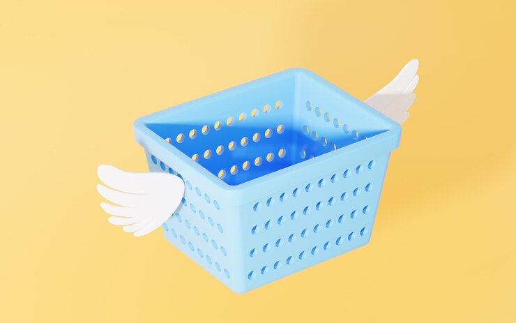 Foto cesta de la compra vacía con representación 3d de fondo amarillo