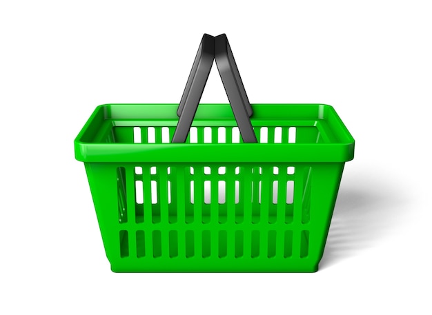 Cesta de la compra verde a un lado. aislado sobre fondo blanco. Render 3D.