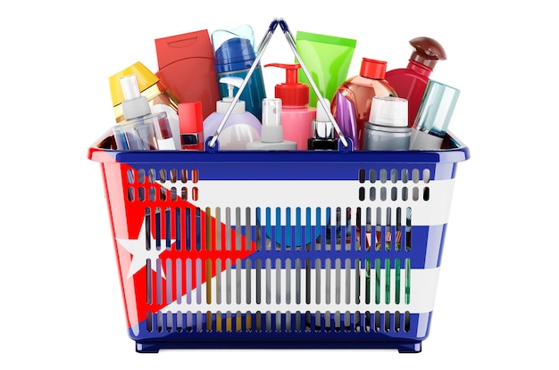 Cesta de compras con bandera cubana llena de botellas de cosméticos para el cabello, la piel facial y los productos para el cuidado del cuerpo Rendering 3D aislado sobre fondo blanco