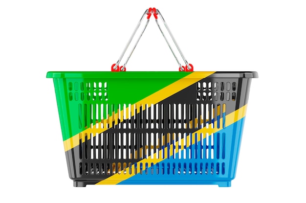 Cesta de compras con bandera de Tanzania Cesta de mercado o concepto de poder adquisitivo Rendering 3D aislado en fondo blanco