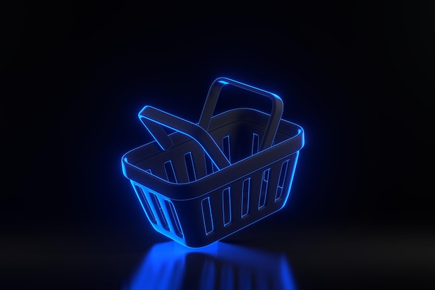 Cesta de compras de dibujos animados voladora con luces de neón azul futurista brillantes sobre fondo negro