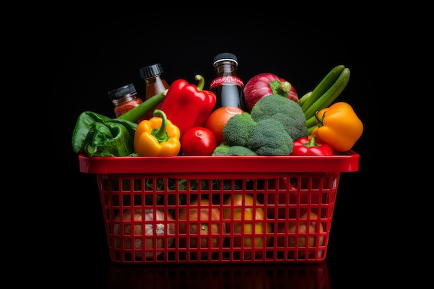 Cesta de compras roja llena de comida y comestibles