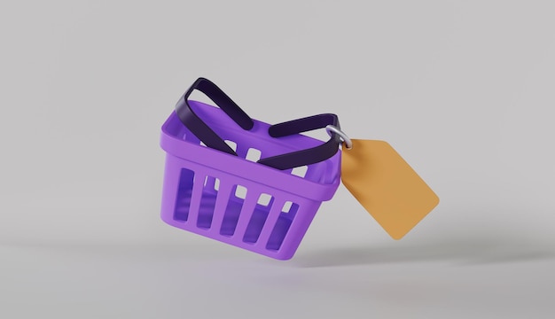 Cesta de compras voladora con etiqueta de precio en fondo de color pastel Cesto de compras de estilo minimalista