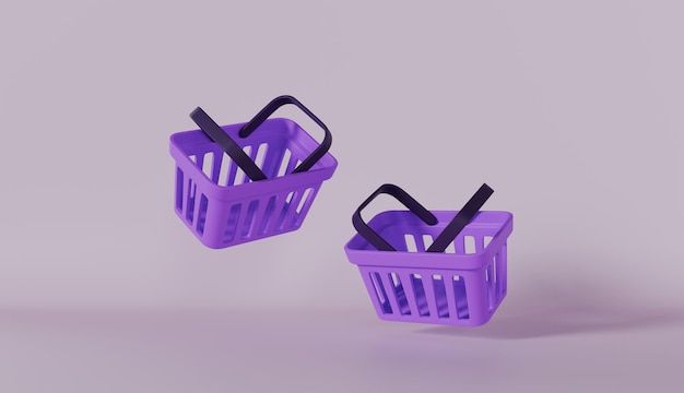 Cesta de compras voladora sobre fondo púrpura Cesta de compra de comestibles vacía de estilo minimalista