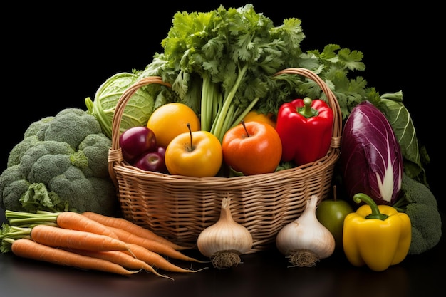 Cesta de cosecha crujiente y colorida de verduras sobre fondo blanco puro