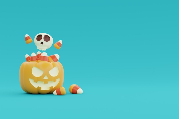 Cesta de abóbora de Halloween cheia de doces coloridos e doces tradicionais de outubro renderização em 3d