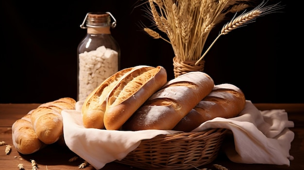 cesta de café da manhã com baguetes e trigo e farinha em uma placa de madeira para um café da manhã incrível