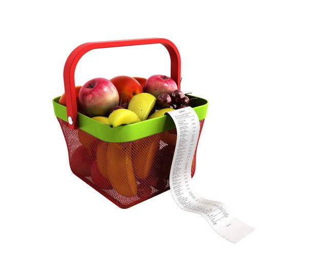 Foto cesta de compras cheia de frutas frescas com um cheque 3d render sem sombra