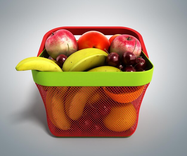 cesta de compras cheia de frutas frescas ilustração 3D isolado em gradiente cinza