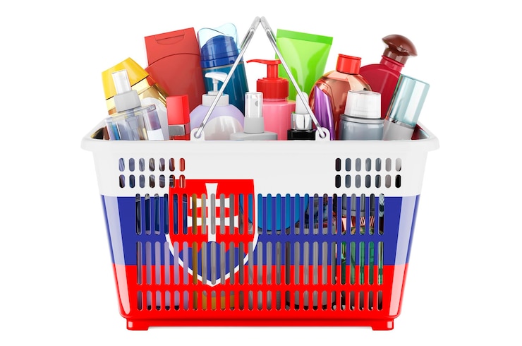 Foto cesta de compras com bandeira eslovaca cheia de garrafas cosméticas, cabelo, pele facial e produtos de cuidado corporal, renderização em 3d
