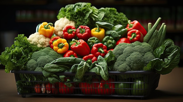 cesta de compras com supermercado de supermercado de frutas e legumes frescos