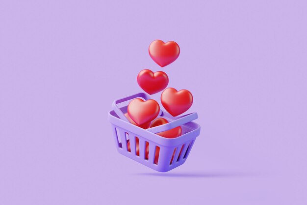 Cesta de compras de desenho animado voador com corações vermelhos em fundo roxo 3D render ilustração