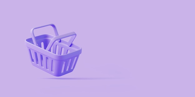 Cesta de compras de desenho animado voador em fundo roxo Carrinho de compras vazio de estilo minimalista 3D