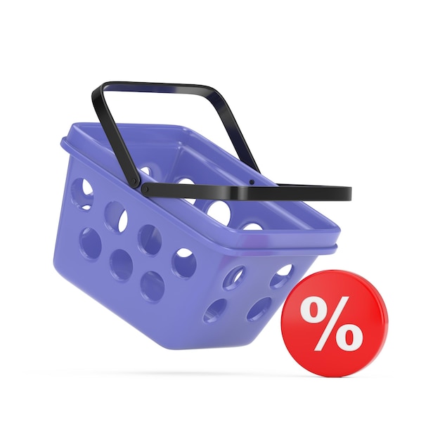 Cesta de compras de mercearia de estilo minimalista de desenho animado azul com renderização em 3d de ícone de desconto percentual vermelho