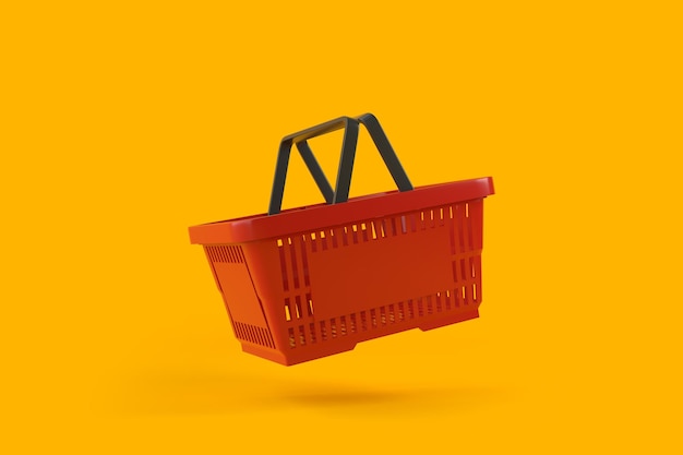 Cesta de compras vazia vermelha voadora em fundo amarelo 3D render ilustração