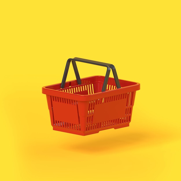 Cesta de compras vazia vermelha voadora em fundo amarelo 3D render ilustração