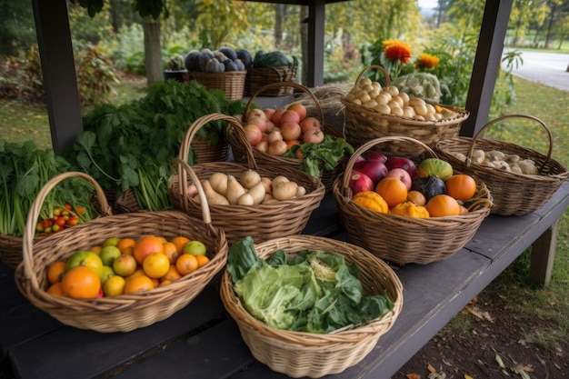 Cesta de frutas e legumes recém-colhidos na barraca de comida do parque criada com IA generativa