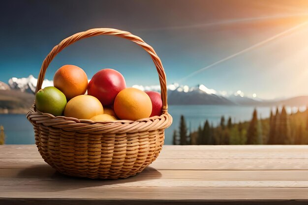 Cesta de frutas sobre uma mesa com montanhas ao fundo