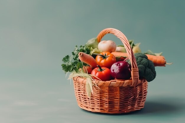 Cesta de legumes em um fundo verde