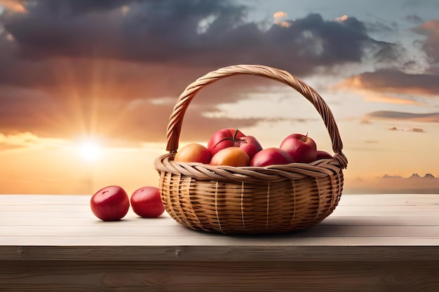 Cesta de maçãs em uma mesa de madeira com um pôr do sol ao fundo