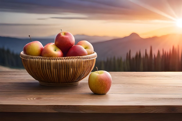 cesta de maçãs sobre uma mesa com montanhas ao fundo.