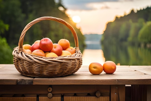 Cesta de maçãs sobre uma mesa com pôr do sol ao fundo