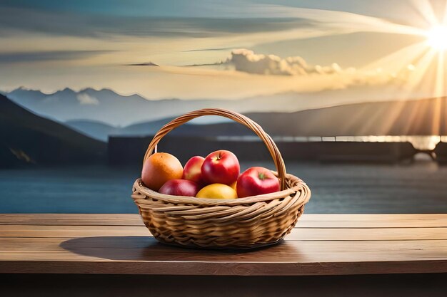 Cesta de maçãs sobre uma mesa com pôr do sol ao fundo