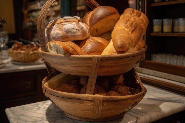 Cesta de madeira de três camadas transbordando de pão fresco e crocante criado com ai generativo