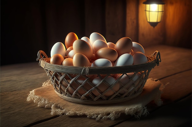 Cesta de ovos de galinha em uma mesa de madeira