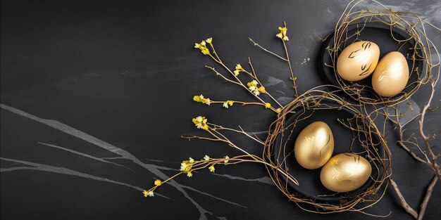 Cesta de ovos de Páscoa dourada de IA generativa com flores em um fundo de mármore preto Copiando o espaço Vista de cima da composição flatlay Ilustração horizontal