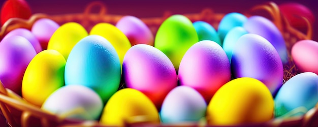 Foto cesta de páscoa cheia de ovos de páscoa pintados em um fundo pastel