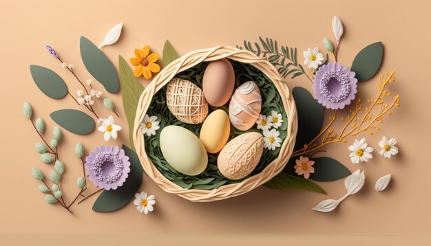 Cesta de Páscoa com ovos e flores AI Generative