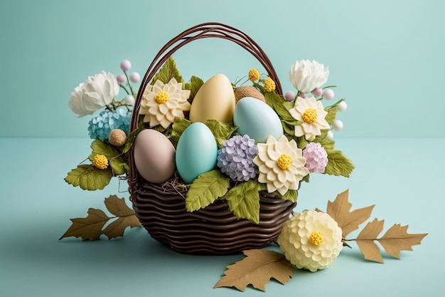 Cesta de Páscoa com ovos e flores sobre fundo azul, criativo ai