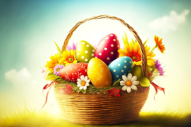Cesta de páscoa de primavera festiva brilhante com flores e ovos