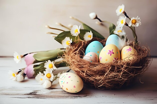 Cesta de Páscoa feliz e muitos ovos de Páscoa de cor pastel