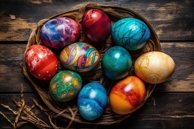 Cesta de Páscoa festiva cheia de ovos pintados coloridos em uma mesa de madeira IA generativa