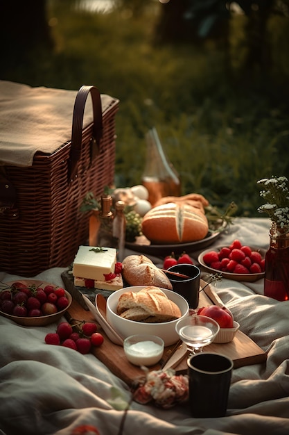 Cesta de piquenique com frutas e padaria em tecido no jardim gerado por IA