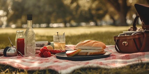 Cesta de piquenique com frutas e padaria em tecido no jardim gerado por IA